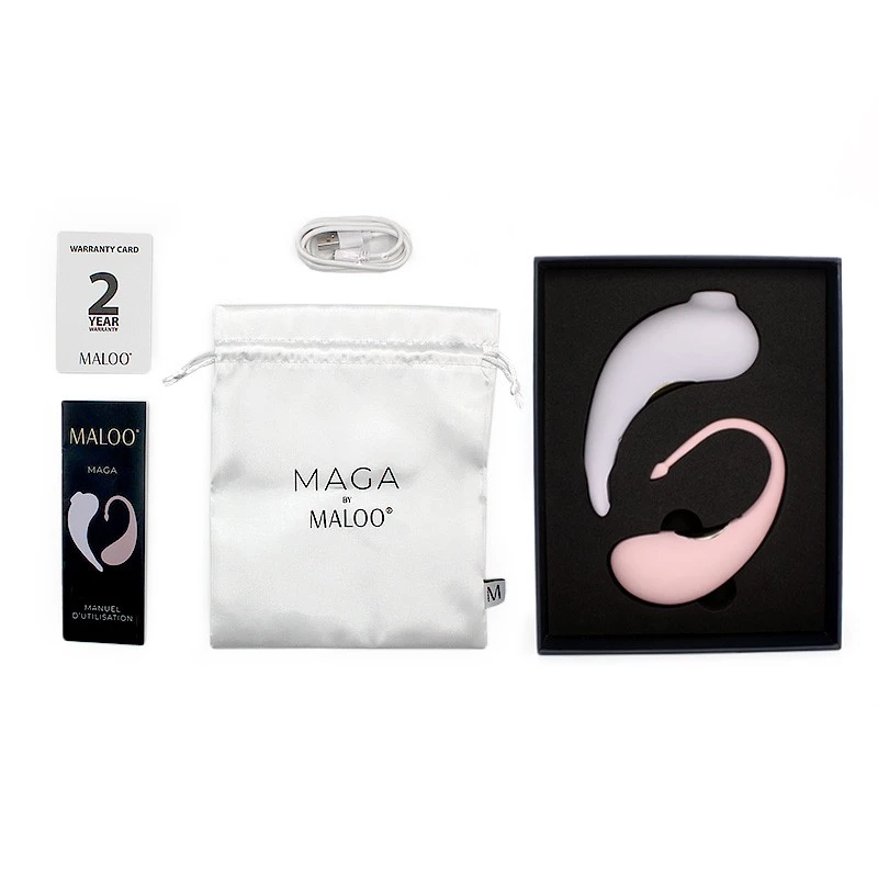 Contenu du coffret MAGA Maloo : sextoys, guide, pochette et câble de recharge Contenu du coffret MAGA Maloo : sextoys, guide, pochette et câble de recharge