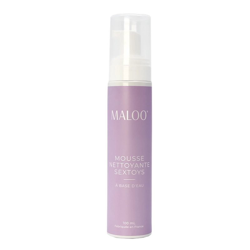 Mousse Nettoyante Sextoys - Maloo Intime - Flacon pompe 100 ml de face couleur lavande et blanc
