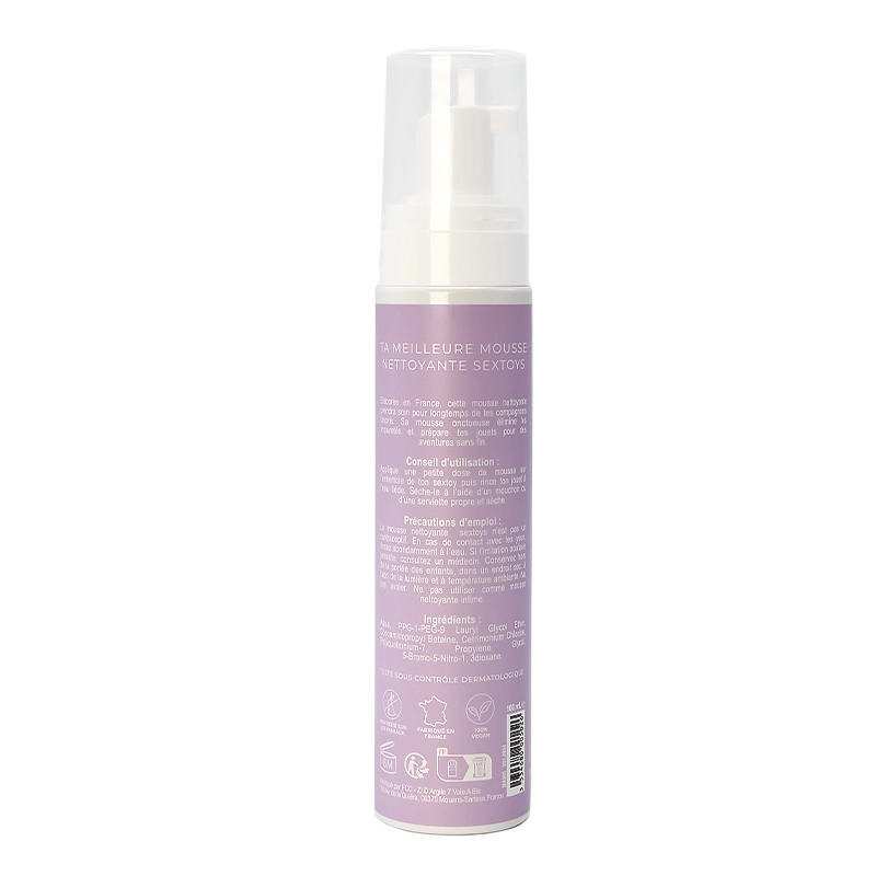 Mousse Nettoyante jouets intimes - Maloo - Flacon pompe 100 ml vu de dos avec ingrédients, conseils d'utilisation et précautions