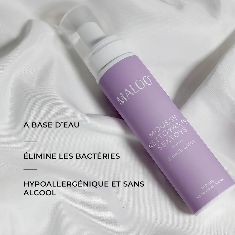 Mousse Nettoyante pour sextoys Maloo avec les caractéristiques principales : base eau, hypoallergénique, élimine résidus