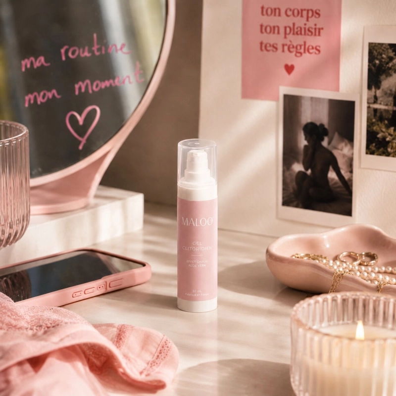 Gel Maloo pour la stimulation du clitoris posé sur coiffeuse